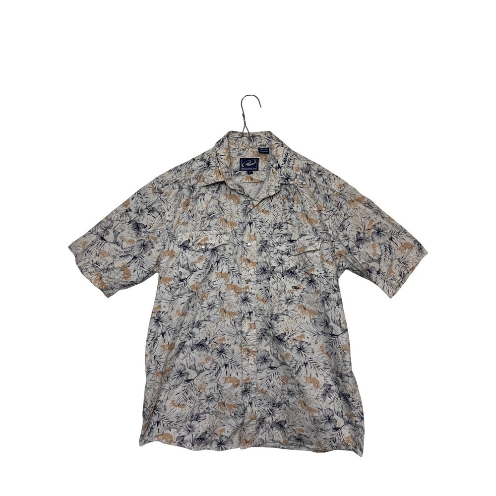 Roper Pearl Snap Shirt Mens Medium Cream Blue Floral Hibiscus Western Rodeo